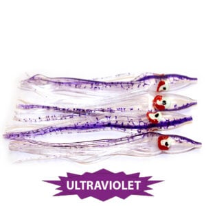 UFSHN Fluke Hi/Lo 5/0 P4x Baitholder Hook Hoochie Skirt + Tail - Purple Rain Glow